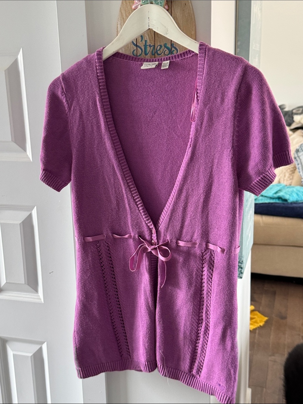 Esprit Magenta Knit Short-Sleeve Cardigan with Tie Front